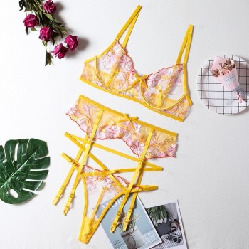 Floral Embroidery Lingerie Sexy Lace Underwear Set Women 3 Piece Push Up Bra Brief Sets Thongs Graters Underwire Bright Yellow